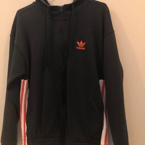 Adidas black zip up sweater with pink stripes